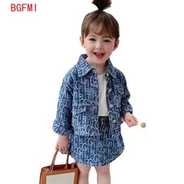 80-130cm Baby Girl Denim Jacket and Skirts 2pcs Sets for Toddler Kids Printed Long Sleeve Coat + Skirt Fashion Girls Jeans Suits X0902