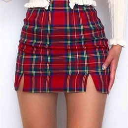 Skinny Skirts Women Summer Fashion Split Hem Lattice Mini Casual High Waist Oversized Young Girl Elegant Grid 210629