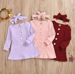 Toddler Girl Clothes Solid Baby Girls Dresses Headband 2pcs Sets Long Sleeve Children Dress Boutique Baby Clothing 3 Colors DW5978