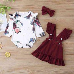 Autumn Children Sets Casual Girls Short Sleeve Floral Tops Claret Suspenders Skirt Cute Clothes 9M-3T 210629