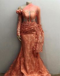 African Long Sleeves Lace Mermaid Evening Dresses 2021 beaded Aso Ebi Long Sleeves Pleats Prom Gowns Robe De Soiree