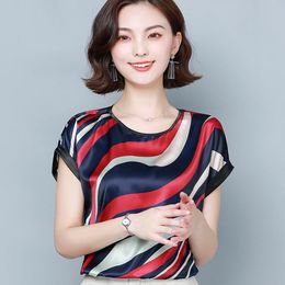 Women's Blouses & Shirts Korean Silk Women Tops Summer Woman Striped Blouse Loose Satin Print Blusas Mujer De Moda 2022
