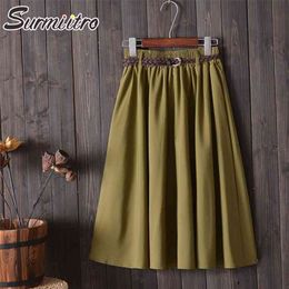 Surmiitro Knee Length Midi Summer Skirt Women With Belt Korean Ladies Blue Black Red High Waist Pleated School Skirt Female 210721