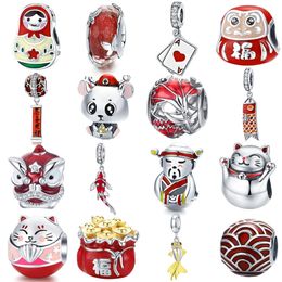 Chinese New Year Red DIY Beads BISAER 925 Sterling Silver lantern mouse Koi silver charms Beads fit Pandora Original Bracelet Q0531