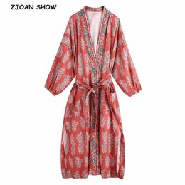 Bohemian V neck Grass Floral Print Long Kimono Shirt Ethnic Lacing up With Sashes Long BOHO Cardigan Tie Bow Blouse Tops 210315