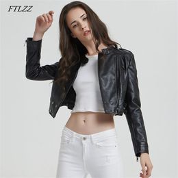 FTLZZ Women Faux Leather Jacket Spring Leather Clothing Women's Short Design Slim Pu Leather Coat Long Sleeve Black Jackets 211007