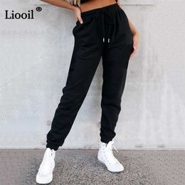 Liooil Joggers Fleece Drawstring Pencil Pants Women High Waist Baggy Sweatpants With Pocket Casual Fall Winter Streetwear 211115