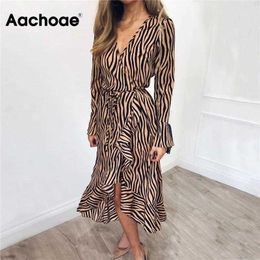 Aachoae Long Dresses 2021 Women Zebra Print Beach Bohemian Maxi Dress Casual Long Sleeve V Neck Ruffles Party Dress Vestidos Y1006