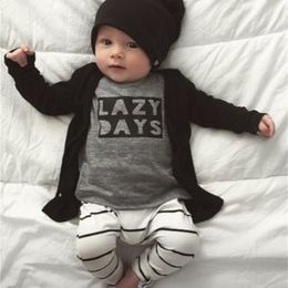 Autumn Fashion Newborn Baby Boy Clothes Cotton Long sleeve Letter LAZY DAYS T shirt+Pants 2 Pcs Outfits Infant Clothing Set 210309