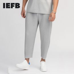 IEFB /men's wear pleated trousers for male Japanese stretch fabric thin style loose drawstring casual ankle-length pants 9Y3050 210616