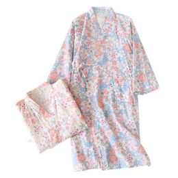 Fresh kimono robes women 100% gauze cotton sweet Cartoon long sleeve japanese robe cozy summer bathrobes 210924