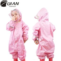 QIAN 2-9 Years Old Fashionable Waterproof Jumpsuit Raincoat Hooded Cartoon Kids One-Piece Rain Coat Tour Children Rain Gear Suit Y200324