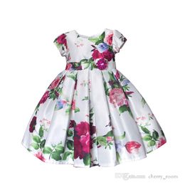 summer baby girls cotton pleated dress children flower princess short sleeve dresses kids floral printed Ruffle Bowknot belt Ball Gown Boutique Clothing S1373