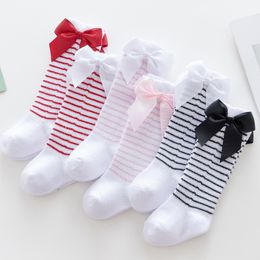 Socks listras primavera outono inverno de algodão rendas agulha dupla crianças respiráveis ​​meias bebê maciço meninas joelho escola 5 partes