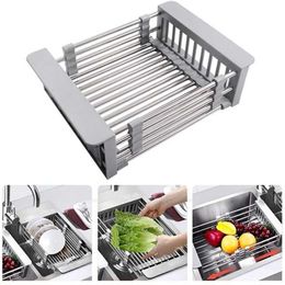 Kitchen Organiser Adjustable Sink Drying Basket Rack Telescopic Philtre Vegetable Dryer Storage Dish Knife Holder Pantry 211112