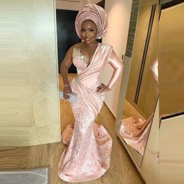 Light Pink Mermaid Evening Formal Dresses Sexy Long Sleeve Full Lace Beaded African Aso Ebi Fishtail Prom Dress Robes de soirée