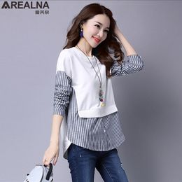 AREALNA autumn korean Shirt women tops Long Sleeve Casual shirts Vintage stripe Stitching Fake Two-Pieces Women Blouses blusas 210225