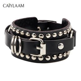 Charm Bracelets CAIYLAAM Punk Style Rivet Leather For Women Rock Jewellery Black And White Men Hip Hop Couple