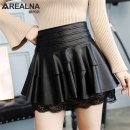 Womens Ruffles High Waist Skirt Autumn Female Sexy Party Black PU Leather Short Skirts Lace Patchwork Mini Tutu Skirts Plus Size 210310