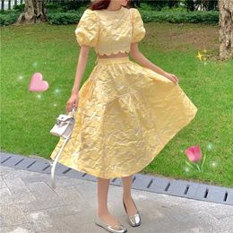 Summer Lace Up O Neck Puff Sleeve Blouse Hollow Out Short Sexy Crop Tops Jacquard Swing Skirt Matching Sets Dress Yellow Gentle 210610