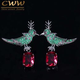 Fashion Micro Pave Red Green Drop Cubic Zircon Crystal Lucky Bird Earrings Jewellery for Ladies CZ141 210714