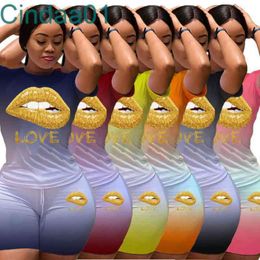 Women Tracksuits Two Pieces Set Deisgner Short Sleeve T-shirt Shorts Solid Color Jogger Yoga Outfits Lip Letter Printed Sportwear 7 Colours