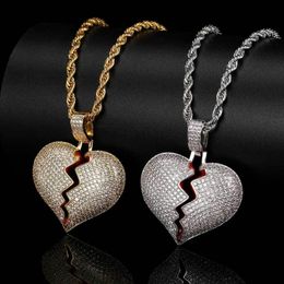 Pendant Necklaces Hip Hop Broken Heart Iced Out Cubic Zirconia With Tennis Chain Fashion Jewellery Gift For Men Women