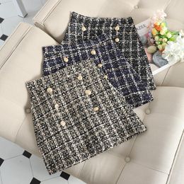 Skirts Women's High Waist Woollen Plaid Button Short Skirt Winter Warm A-line Wool Material Saias Faldas