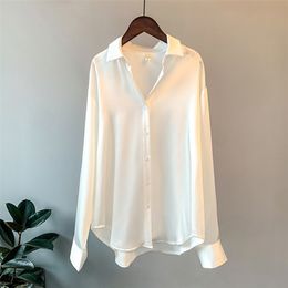 Women's Satin White Shirt Oversize Long Sleeve Button Up Office Blouse Shirt Elegant Black Green Casual Shirts Women Summer 210225