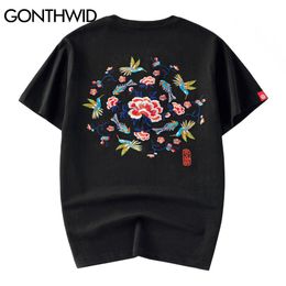 GONTHWID Tshirts Streetwear Men Casual Flowers Bird Embroidery Short Sleeve Cotton T-Shirts Hip Hop Harajuku Fashion Tees Tops C0315