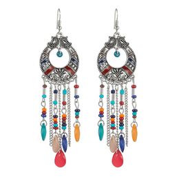 Bohemian Dangle Earrings for Women Vintage Ethnic Red Crystal Long Tassel Bride Wedding Earring Danglers Water Drop Jewelry Accessories