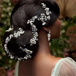 Wedding Bridal Pearls Headband Hairband Beads Crown Rhinestone Tiara Long Hair Accessories Bands Korean Headpiece Princess Queen Headdress Prom Head Ornament
