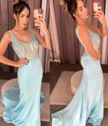 Aso Ebi 2021 Arabic Plus Size Mermaid Beaded Crystals Prom Dresses Deep V-neck Satin Evening Formal Party Second Reception Bridesmaid Gowns Dress ZJ205
