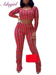 Plaid Print Two Piece Set Solid Long Sleeve Crop Tops T-Shirt Leggings Stacked Sweatpants Suit Joggers Outfit Tracksuit OL Sets Y0625