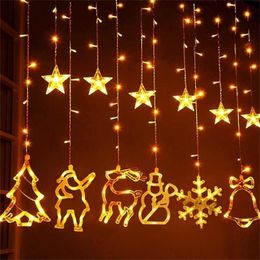 Snowflake Elk Bell Christmas Curtain Light Christmas Decorations for Home Merry Christmas Ornaments Xmas Gift New Year 2021 201017