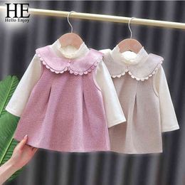 HE Hello Enjoy Sweet Spring Girls Kids Princess Lace Collar Overall Dress+Long Sleeve Tops Blouse 2pcs Children Baby Infants G1215