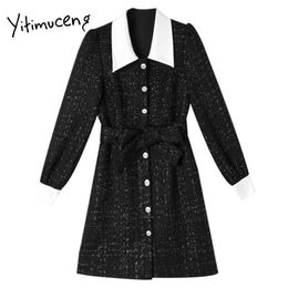 Yitimuceng Sashes Dresses for Women A-Line Mini Solid Black Spring Peter Pan Collar Single Breasted Clothes Office Lady 210601