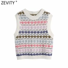 Zevity Women Fashion Hollow Out Colorful Crochet Short Knitting Sweater Lady Sleeveless Casual Slim Crop Pullover Tops SW826 210922