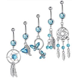 Zircon Belly Button Rings Navel Piercing Stainless Steel Bar Ombligo Dangling Flower Pendant for Woman Sexy Body Jewelry