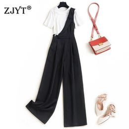 Summer Office Two Piece Outfits Women Elegant Fashion Short Sleeve White T-Shirt Top + Wide Leg Overalls Pants Suit Matching Set 210601