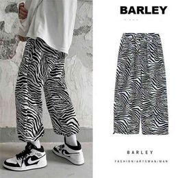 Full print zebra pattern casual pants men's spring and autumn style Korean loose nine-point hip hop trousers 210715