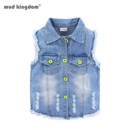Mudkingdom Ripped Girls Denim Vest Butterfly Sequin Turn-Down Collar Autumn Jacket Kids Jean for Sparkly Clothes 210615