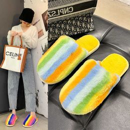Rainbow Colours Fur Slides Fashion Female Winter Slippers Women Warm Indoor Slippers Top Quality Soft Wool Lady Home Shoes Y0902