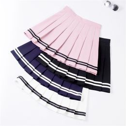 High Waist Pleated Skirt Korean Striped A-line Mini Female Elastic Sweet Girls Dance P068 210621