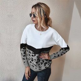 Autumn Winter Fashion Leopard Knitted Sweater Women Casual O-neck Full Sleeve Pullovers Top 211011