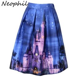 Neophil Womens Skirts High Waist Skater Flared Saias Building Printed Pleated Blue Vintage Ball Gown Ladies Faldas S1607028 210310