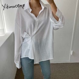 Yitimuceng Long Shirts Woman Oversize Button Up Tops Korean Fashion Basic Blouse Solid Apricot White Blue Spring Summer 210601