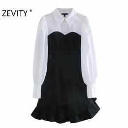 ZEVITY women elegant black white patchwork hem ruffles shirtdress female lantern sleeve casual vestidos chic mini dresses DS4527 210309