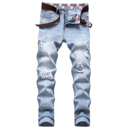 3 Styles Men's Jeans Ripped Biker Print Pants Destroyed Hole Taped Slim Fit Denim Scratched Light Blue Trousers Pantalones Para Hombre Vaqueros