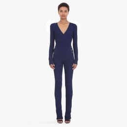 Women's Jumpsuits & Rompers XLLAIS Cotton Fabric Ribbed Blue Women Long Sleeve Back Zippers Womens Sexy Skinny Soft Overall Cloth